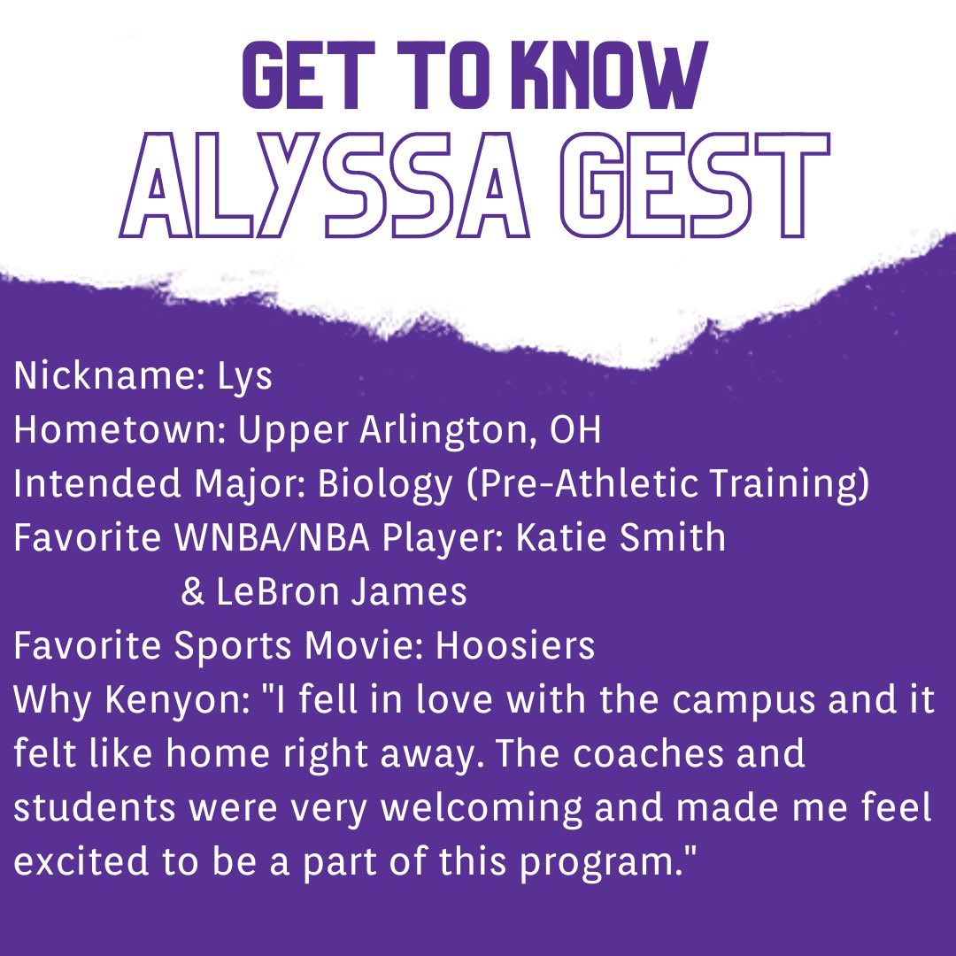 KenyonWBB's tweet photo. And…. Another☝️Help us welcome Alyssa Gest to our KCWBB family and get to know a little more about her ⬇️

#KCWBB #together #gettoknow #incomingclass https://t.co/i2Mj3nyo18