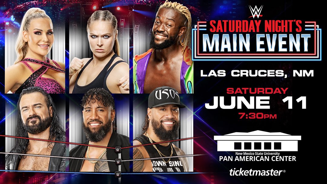 NMSUinsider's tweet photo. 🚨WWE Announcement🚨
Ronda Rousey come to Las Cruces on June 11!
 
Don’t miss a night full of surprises, see all your favorite SmackDown superstars at Pan American Center! See Drew McIntyre vs. Sami Zayn in a Street Fight! Plus, Natalya, The Usos, The New Day and many more! https://t.co/xOZ2WrOFdV