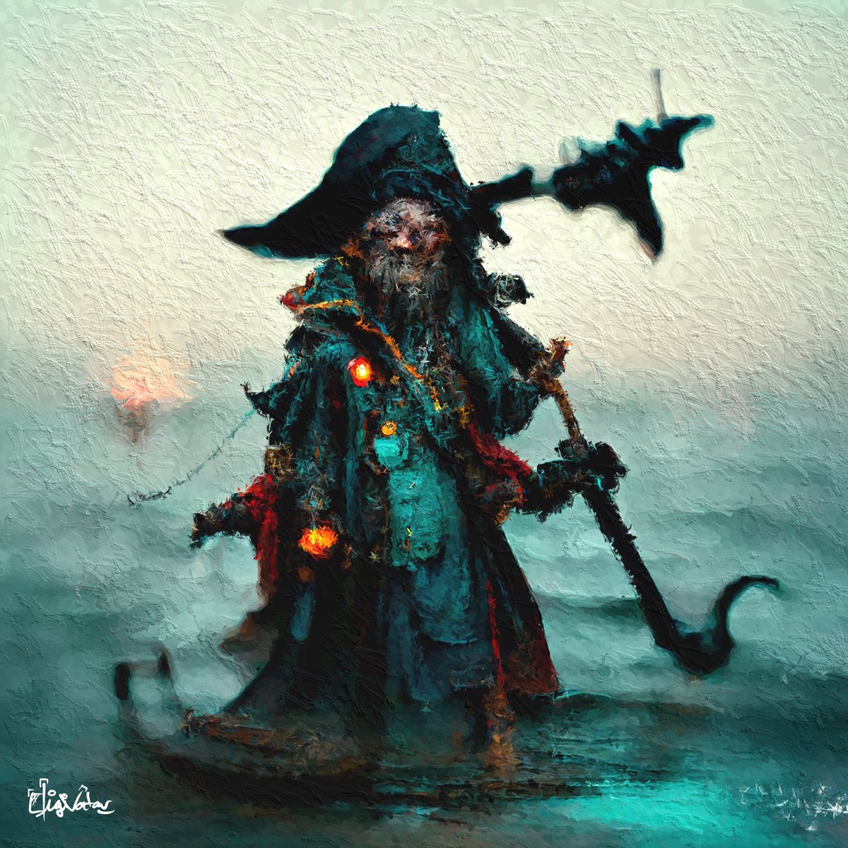 Digivatar's tweet image. A high seas old captain of a planet that is 98% water “Captain MadMan Hagster” for he is over 256 years old.  #digitalart #ImaginationAi #MindAndMachine #AiStoryTelling