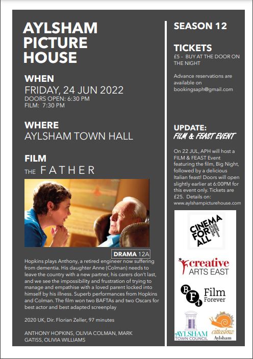 Our next film on Friday 24th June is the multi-award winning The Father, starring Anthony Hopkins and Olivia Colman. You can watch a trailer here: youtube.com/watch?v=mo5WG_… Please see screening details on the attached poster, reserve your seat by emailing bookingsaph@gmail.com