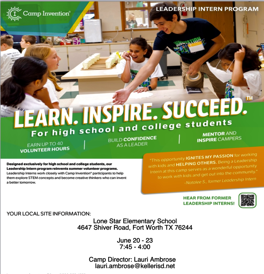 AmbroseLauri's tweet photo. Looking for a great way to earn those volunteer hours this summer? Camp Invention at KISD is accepting Leadership Interns to assist with fun science activities and games. Interns may volunteer for 2, 3, or 4 days. Please see the contact information on our flyer.  @KellerISDAdvAca https://t.co/i4BBAHPFI9