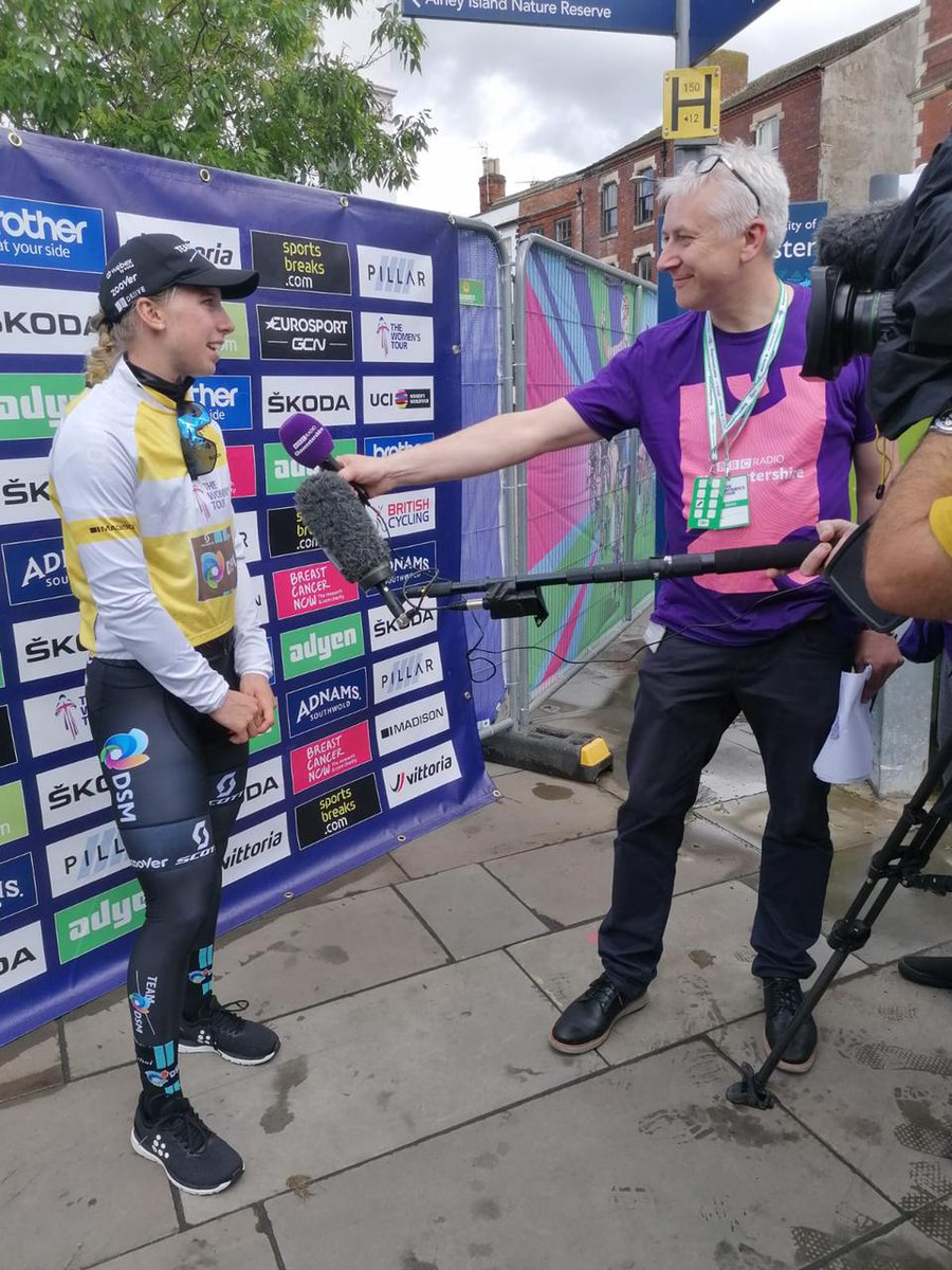 BBCGlos's tweet photo. 📷🚲 Celebrations at Gloucester Docks this afternoon after the finish of the Gloucestershire stage of the #womenstour.

🍾 @DomCotter chatted with @TeamDSM Lorena Wiebes fresh from her stage 3 win - as well as local cyclists from @SevernBelles who came to watch. https://t.co/qYsL1heIW6