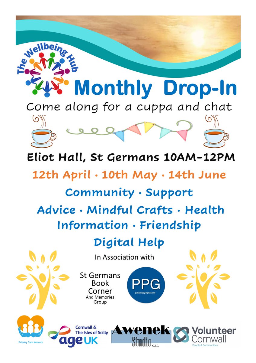LSmith8836's tweet photo. Coming up on Tue 14th June, St Germans Wellbeing Hub. Pop by for a cuppa, find out about support and groups and join in with some mindful crafts 🎨 
#wellness #cornwall https://t.co/T3wEkJoQKA