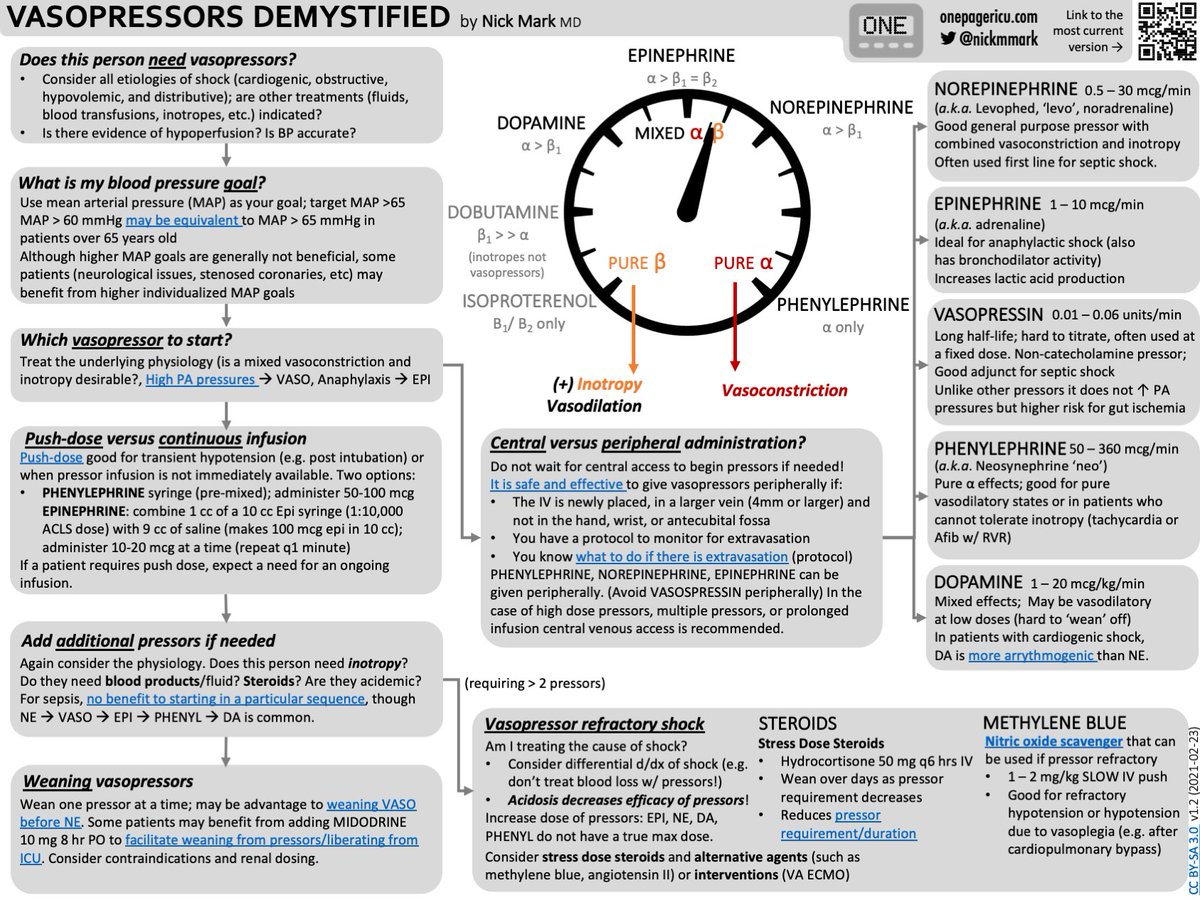 Next up in our series of #OnePagers for new members of the ICU Team:

3️⃣ #Vasopressors: what are all the choices &amp; how are they different? What should be the goal MAP? and what are some adjuncts (methylene blue, steroids, etc)?