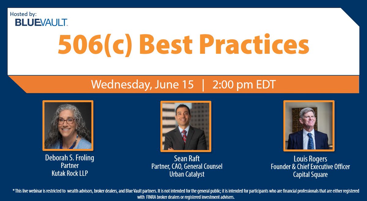 Interested in better understanding 506(c)? Kutak Rock partner Deborah Froling will participate in a Blue Vault panel webinar discussing best practices on June 15. Read more: lnkd.in/g-zex2ef

#KutakRock #BlueValut #REITs #BDCs #AlternativeInvestments