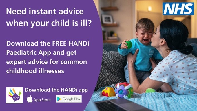 onecaretweets's tweet photo. If you need up to date advice for common childhood illnesses, download the NHS HANDI app today: https://t.co/D23yC94Ven https://t.co/7F2OmQ6EqR