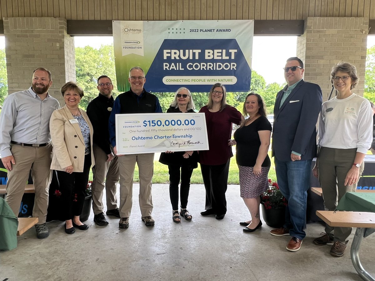 .<a href="/ConsumersEnergy/">Consumers Energy</a> presenting Oshtemo Township with $150,000 Planet Award to excelerate completion of the Fruit Belt Rail Corridor Trail near Flescher Field