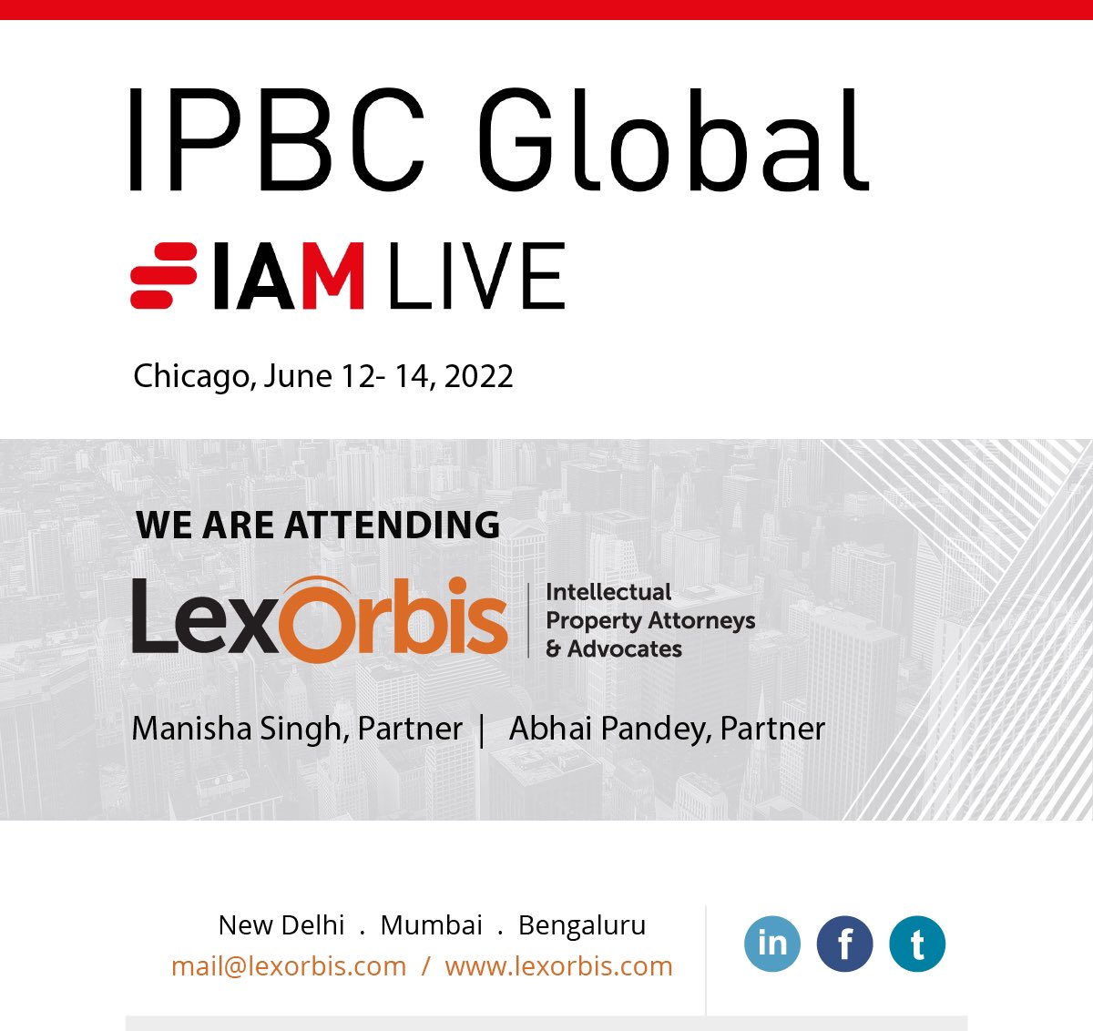LexOrbisIP's tweet photo. LexOrbis is pleased to participate as a networking sponsor in the upcoming #IPBCGlobal2022 in Chicago from June 12-14, 2022.
Looking forward to meeting friends and colleagues, See you soon!
#IPBC #LexOrbis #ManishaSingh #AbhayPandey #IPProtection #Licensing #enforcement #India https://t.co/b0QUDRltxf