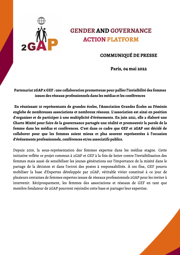 2gapF's tweet photo. 📣 Partenariat 2GAP – Grandes Ecoles au Féminin (GEF)

Les femmes expertes demeurent encore très peu nombreuses dans les médias. Partant de ce constat, les associations 2GAP et GEF ont décidé de nouer un partenariat afin de lutter contre cette invisibilisation.

@GEFeminin https://t.co/i3Tc4SbVdd
