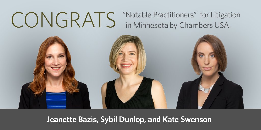 Congrats to Jeanette Bazis, Sybil Dunlop, and Kate Swenson, who were recognized as "Notable Practitioners" for Litigation in Minnesota by <a href="/ChambersGuides/">Chambers and Partners</a>. Chambers also ranked Greene Espel among the top firms in Minnesota for General Commercial Litigation. greeneespel.com/ichambers-usai…