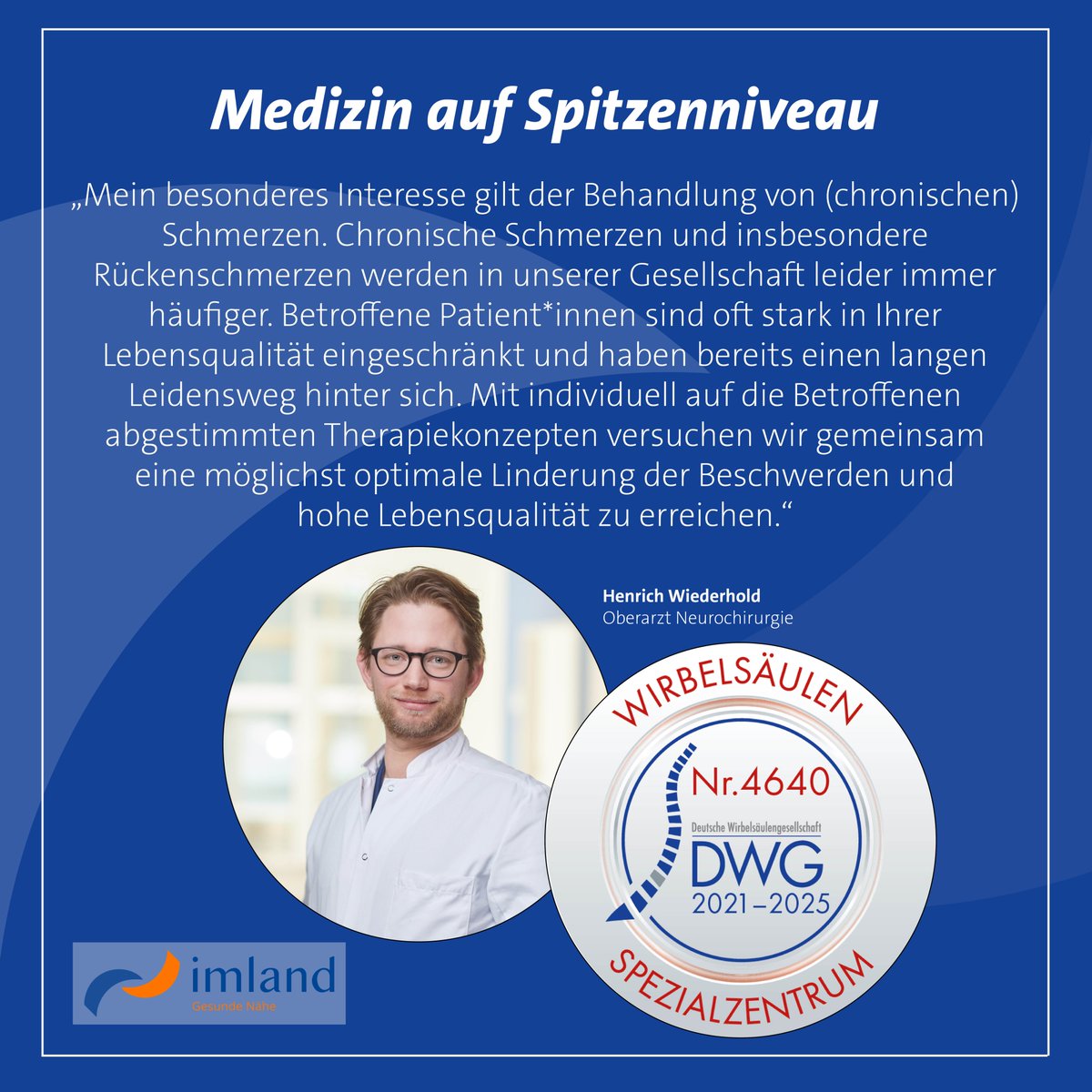 Gesunde Nähe: Der kurze Weg zum Spezialisten.

#imland
#Neurochirurgie
#chronischeschmerzen
#schmerztherapie
#rendsburg
#eckernförde
