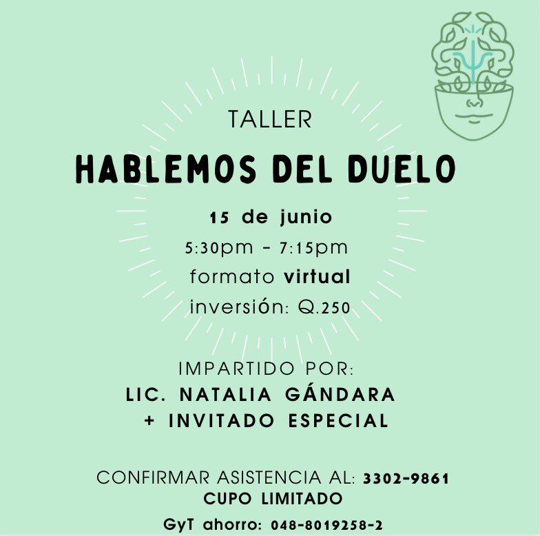 Hola a tod@s, el miércoles 15 impartiré un taller sobre el manejo del duelo junto con una invitada que le ha tocado bastante duro a lo largo de su vida y nos compartirá su testimonio.

 Si creen que a ustedes o a alguien le podría ayudar este tema, compártanlo🤍 + info: 33029861