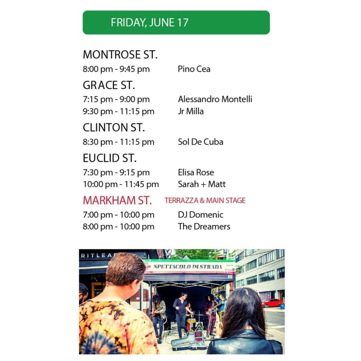 TOLittleItaly's tweet photo. Spettacolo Di Strada returns to College Street for Taste of Little Italy, June 17-19! 💚🤍❤️ 🎵🎶

SWIPE for ENTERTAINMENT SCHEDULE 👉

2022 Spettacolo Di Strada Brought To You By: @TD_Canada

#TasteIsBack #TOLittleItaly #TOLaDolceVita #SpettacoloDiStrada #TasteofLittleItaly2022 https://t.co/R8EdNc0YUe