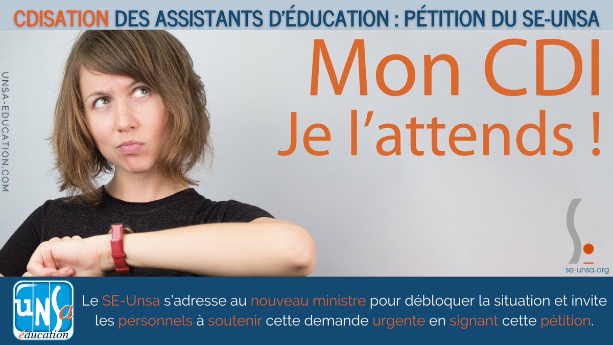 UNSA_Education's tweet photo. Le @SE_Unsa  s'adresse au nouveau ministre et invite l'ensemble des personnels de l'éducation à signer la pétition demandant la CDIsation des Assistants d'éducation. ➡️

https://t.co/GaqSmRrsM9 https://t.co/UrECWtPLBF