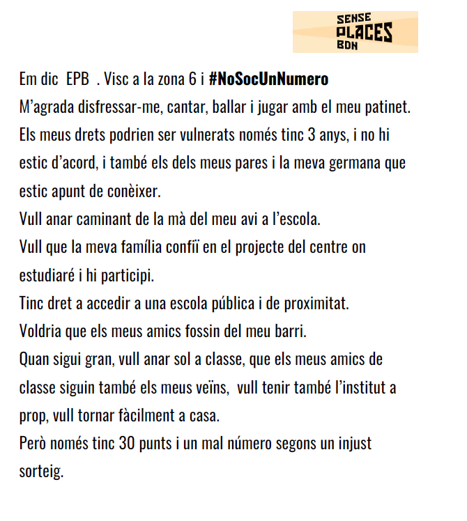 Em dic EPB, visc a la zona 6 de #Badalona i #NoSocUnNúmero. M'agrada anar en patinet però si no tinc una #escolapublica de proximitat no podré fer-ho. Espero una germana que, si res no canvia, tornarà a trobar-se en aquesta situació.