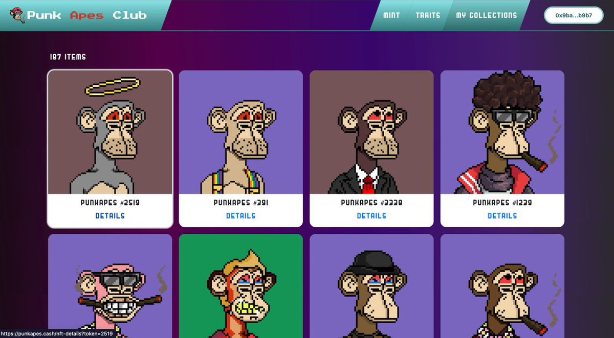 punk_apes's tweet photo. Update: https://t.co/cH42o1mZWk traits distribution table has been deployed. you can access it on the Traits page. plus, you can already click on "DETAILS" per ape where the rarity of each trait in percentage is shown. https://t.co/BcoafOCOdQ