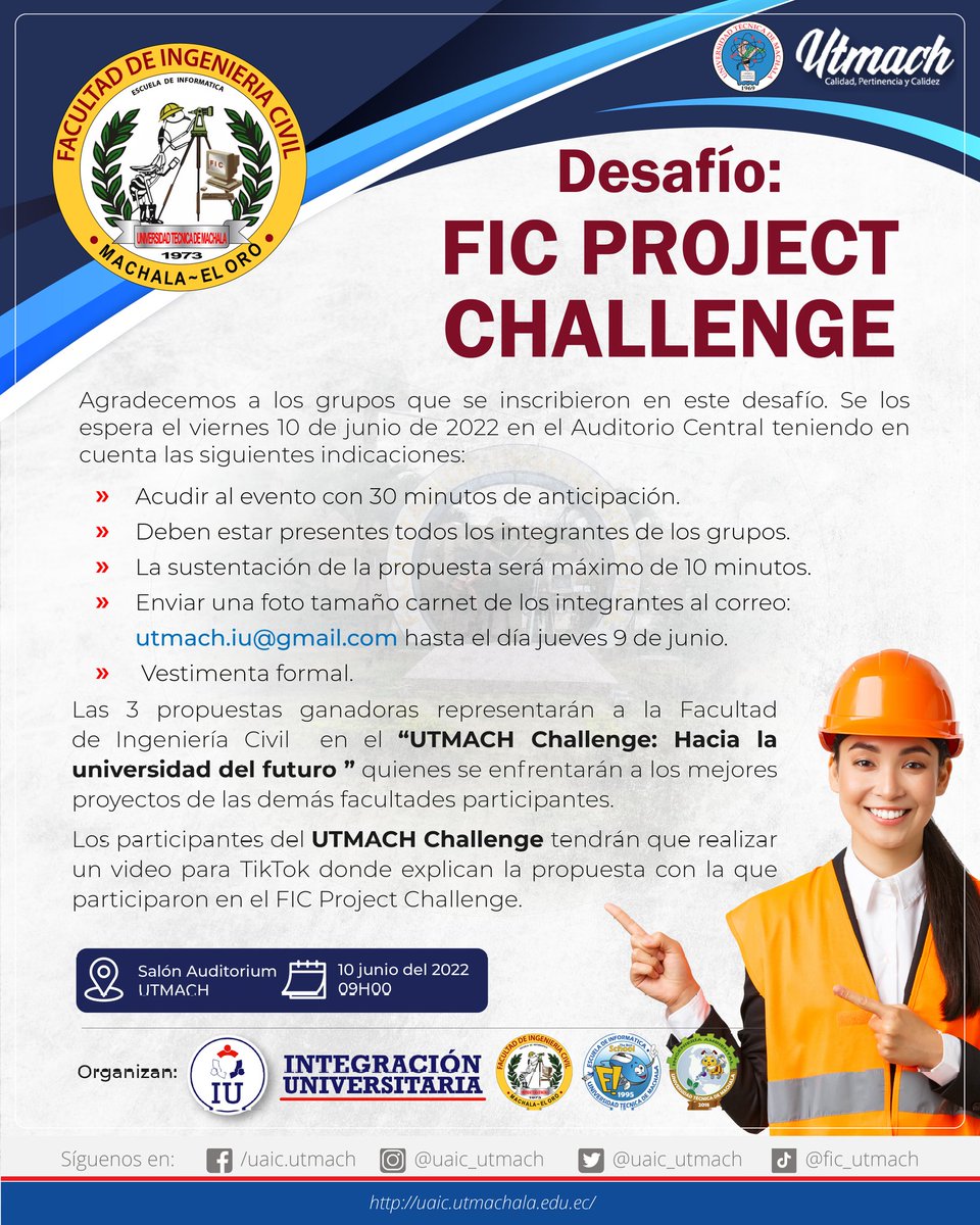 uaic_utmach's tweet photo. 📣 Comunicado Importante

Se invita a la comunidad universitaria a participar de las sustentaciones del FIC PROJECT CHALLENGE, además se les recuerda a los grupos participantes consideren las siguientes recomendaciones 

#YoSoyUTMACH 
#YoSoyFIC https://t.co/BYZWfo08AY