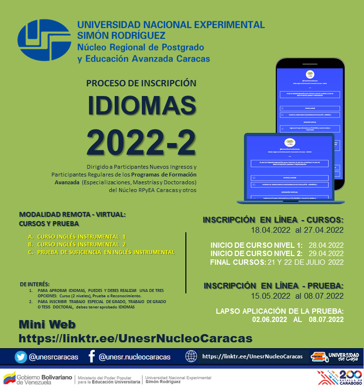PRUEBA DE SUFICIENCIA EN INGLÉS INSTRUMENTAL

Inscríbete y realiza la prueba en línea
El lapso de aplicación es hasta el 8 julio 2022

Inscripciones e indicaciones de acceso al ambiente virtual de aplicación lo tienes disponible en la mini web del Núcleo

linktr.ee/UnesrNucleoCar…