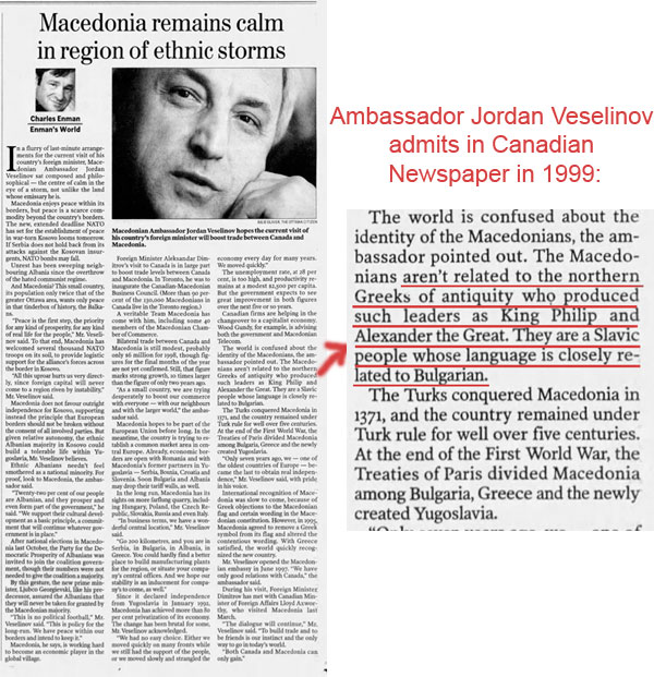 The 1st Ambassador of #FYROM in #Canada publicly admitted in 1999: 'We arent related to the Northern #Greeks of #antiquity who produced such Leaders as Philip II and Alexander the Great. We are a Slavic people whose language is closely related to #Bulgarian' #Macedonia #Greece