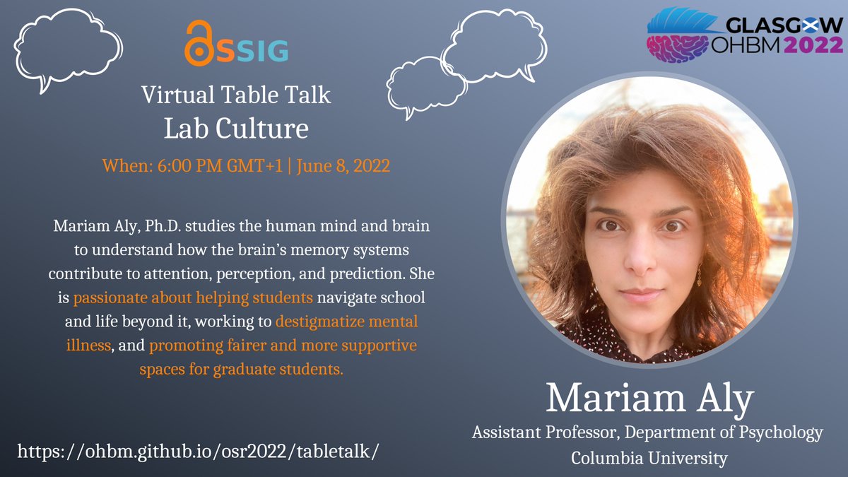 OhbmOpen's tweet image. In less than 1h at #OHBM2022:
💫 last table talk on Lab Culture with @mariam_s_aly
✨ last virtual #posterpals session (right after!)
See you all very soon! 
@OHBM @OhbmEnvironment @OHBM_BrainArt @OHBM_Trainees #OpenScience #OSR #phdchat #phdlife #phdvoice