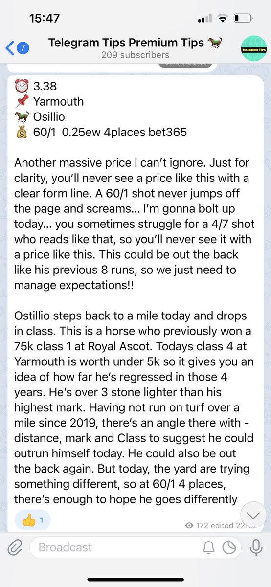 Anyone else on twitter tipping 66/1 winners ? 

209 members know what we’re about 💰💰💰💰

Telegramtips.co.uk 

Proper card reads 
3 years of back to back profit 
+110 points this year from small stakes