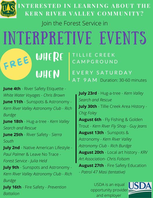 Interested in learning more about the local community? Come join the Sequoia National Forest for Interpretive Events every Saturday at 9am at Tillie Creek Campground! Thank you to all of our volunteers who helped make this possible.
