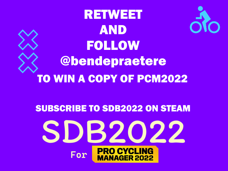 bendepraetere's tweet photo. PCM2022 GIVE-AWAY

Because of the release of @PCyclingManager 2022, I am giving away a PCM2022 key!

All you need to do is retweet and follow @bendepraetere to have a chance on winning #PCM2022 !

Don’t forget to subscribe to the SDB2022!

Deadline: Thursday, June 10th – 10AM CET https://t.co/VYoy5Fsk9P