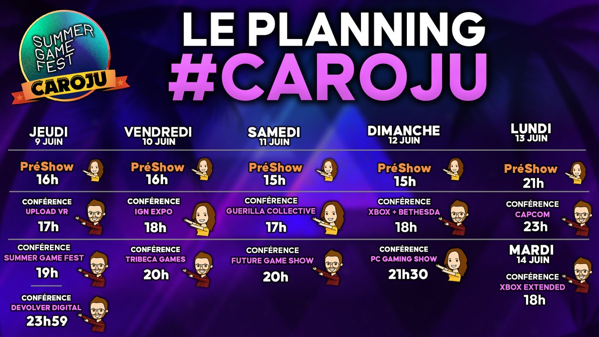 JulienChieze's tweet image. Les amis, nous avons mis à jour notre planning #SummerGameFest #CaroJu pour y intégrer les nouvelles conférences annoncées... et du coup cela durera jusqu&apos;au mardi 14 juin 🥳 Vous êtes prêêêts ???

La chaîne de Caro ➡️ youtube.com/CaroruChan
Ma chaîne ➡️ youtube.com/julienchieze