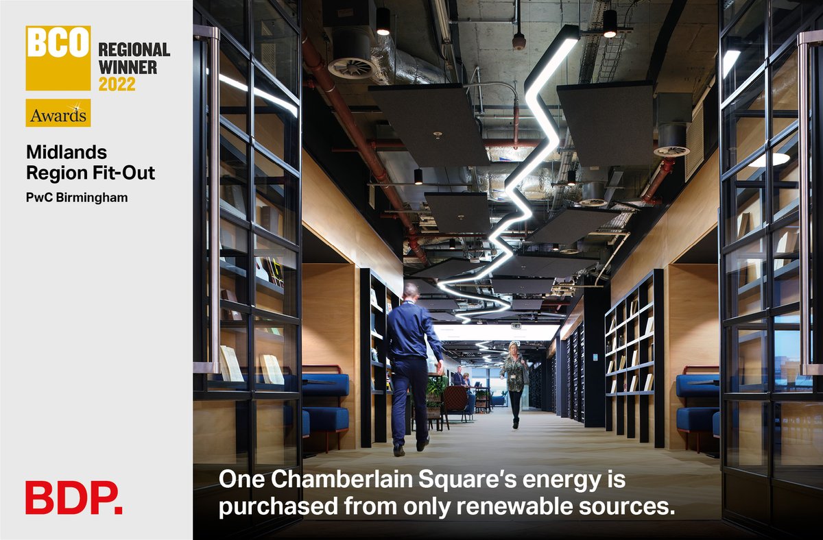 bdp_com's tweet photo. Winner of the @BCO_UK Midlands Region Fit-Out award, PwC Birmingham's One Chamberlain Sq uses electricity sourced from 100% UK wind and solar and gas supplied from 100% UK sourced biogas derived from waste food and crops generated from an anaerobic digestion process. #netzero https://t.co/MKc9RYUroE