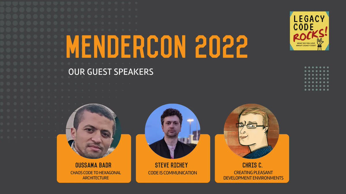 corgibytes's tweet photo. #MenderCon2022 speakers are coming in hot &amp; sharing the insider scoop!

@thesteverichey - Code is Communication
@saturdaymp - Creating Pleasant Development Environments for you and your team
@ousamabadr -  Chaos Code to Hexagonal Architecture

Join us now! https://t.co/GVGyXBrTkA https://t.co/7DgqpdPFQa