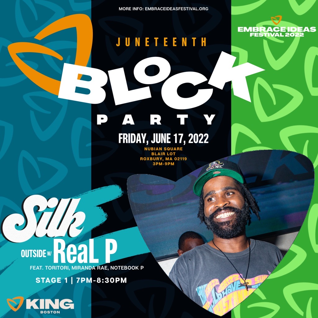 📢Next Friday <a href="/DJRealPFN/">P🌍LitiK💤</a> &amp; Friends  <a href="/itsmirandarae/">Miranda Rae</a> <a href="/NotebookP/"></a> bring the R&amp;B vibe of #Silk Outside to #EmbraceIdeasFest Block Party.  

For info and tix embraceideasfestival.org/tickets
<a href="/KingBoston11/">King Boston</a> <a href="/bostonfdn/">Boston Foundation</a> #juneteenth2022 #cityofideas #Boston