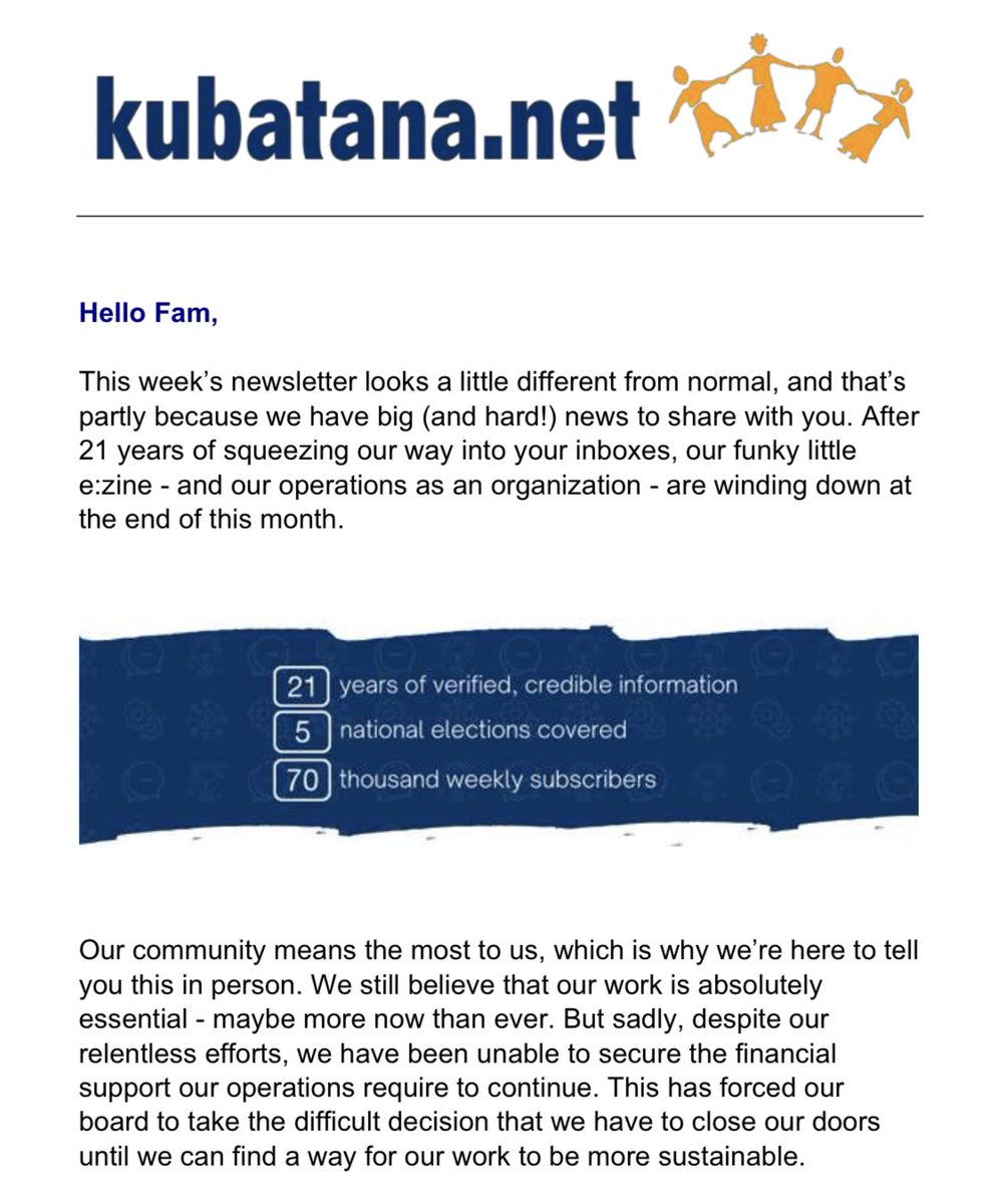 Dear @kubatana 

I'm sorry but you can't close. Your newsletter is so concise and funky. Your work keeps hope alive. 

Losing you would leave a gap in our media landscape. And it would be a loss for all of us on the journey to a brighter and more just Zimbabwe.

#KubatanaMustRise