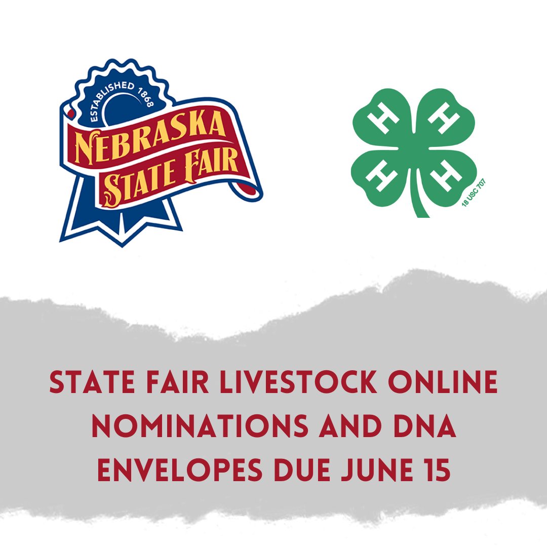 REMINDER: Friday, June 15 is the deadline for State Fair Goat, Sheep, Swine, Market Beef, Breeding Beef DNA Collection and Online Nominations! DNA Envelopes need to be turned in at the Extension Office and nominations are entered on showstockmgr.com.
