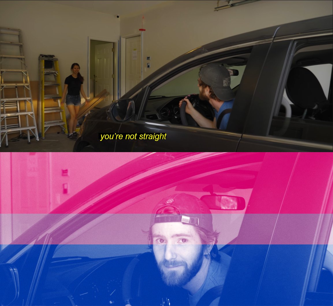 A meme made from a recent Linus Tech Tips showing 2 frames on top of eachother, the top showing Yvonne saying to Linus sitting in the car "You're not straight" and the bottom frame showing Linus staring at the camera with a bi-sexual pride flag overlaid on top of the frame