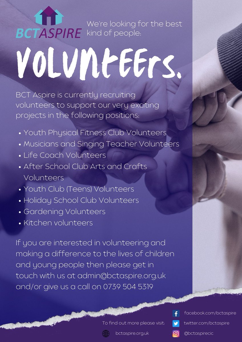 BCTAspire's tweet photo. Volunteers required

Would you like to:
• Support a great cause?
• Meet like-minded people?
• Share your talent and energy with a group of caring 
   individuals?
• Experience a sense of pride in your accomplishments?
• And most of all, having fun while doing so.

Thank you https://t.co/plLm3JGe6O