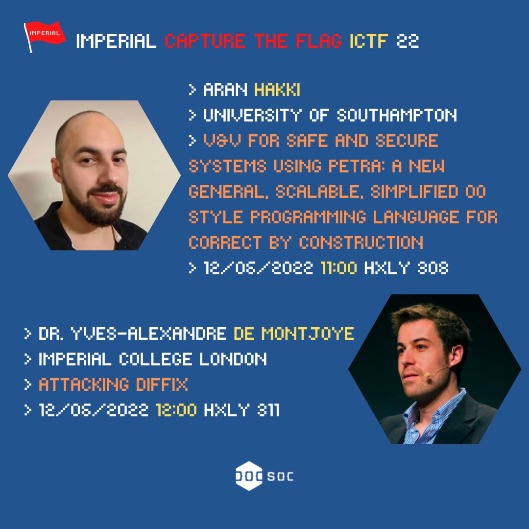 ImperialCTF's tweet photo. On the Sunday we are delighted to have Southampton’s Aran Hakki and Imperial’s Dr. Yves-Alexandre de Montjoye @yvesalexandre at @imperialcollege https://t.co/bcfxY1NwR0