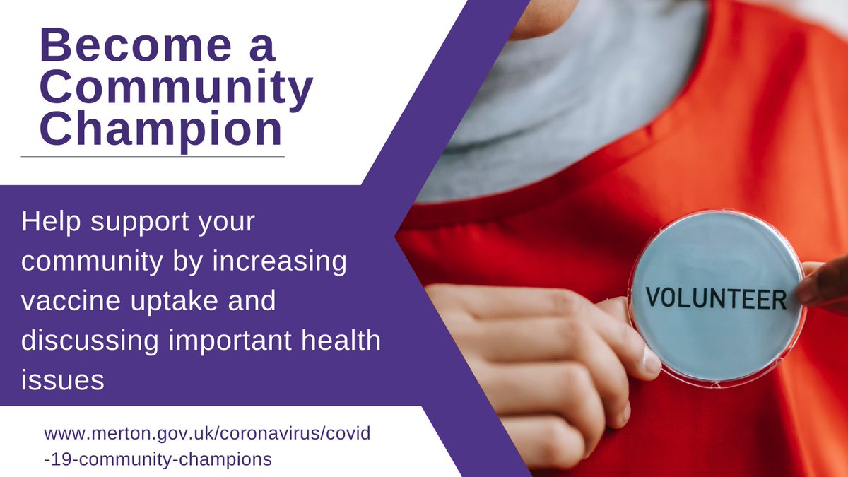 Merton_Council's tweet photo. Do you want to support the health and wellbeing of your local community? π§
Why not become a Community Champion? π¨βπ©βπ§βπ§
Find out more about how to sign up π
https://t.co/QWdGcXLpFL
#KeepMertonSafe https://t.co/3QOlSQvsnd