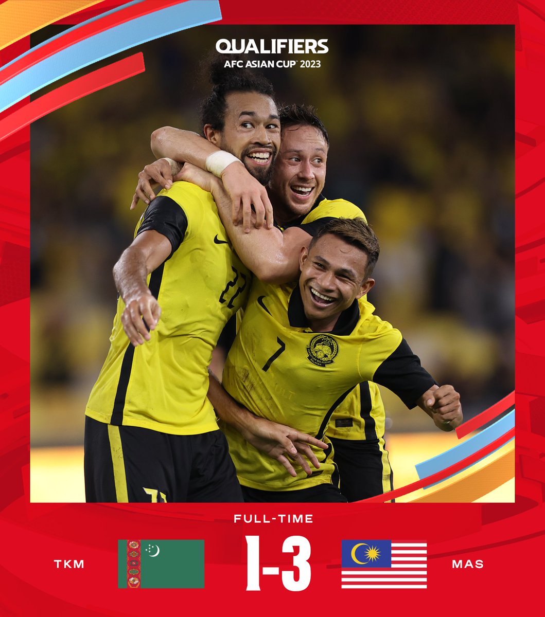 afcasiancup's tweet photo. โฐ FT | ๐น๐ฒ Turkmenistan 1๏ธโฃ - 3๏ธโฃ Malaysia ๐ฒ๐พ
Malaysia impress in their campaign opener with a comprehensive win over Turkmenistan in Group E!
#ACQ2023 | #TKMvMAS https://t.co/YvMhoaZsDW