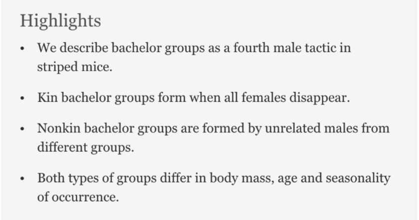 AnimBehSociety's tweet photo. A study on striped mice revealed for the first time two types of bachelor groups: kin and nonkin groups.
Check the research by @KhanyileNomthi, Neville Pillay and @CarstenSchradin in the #Animalbehavior journal.
#bachelorgroups #lifehistorytraits
https://t.co/5lM49si1yE https://t.co/EMCHQQybu2