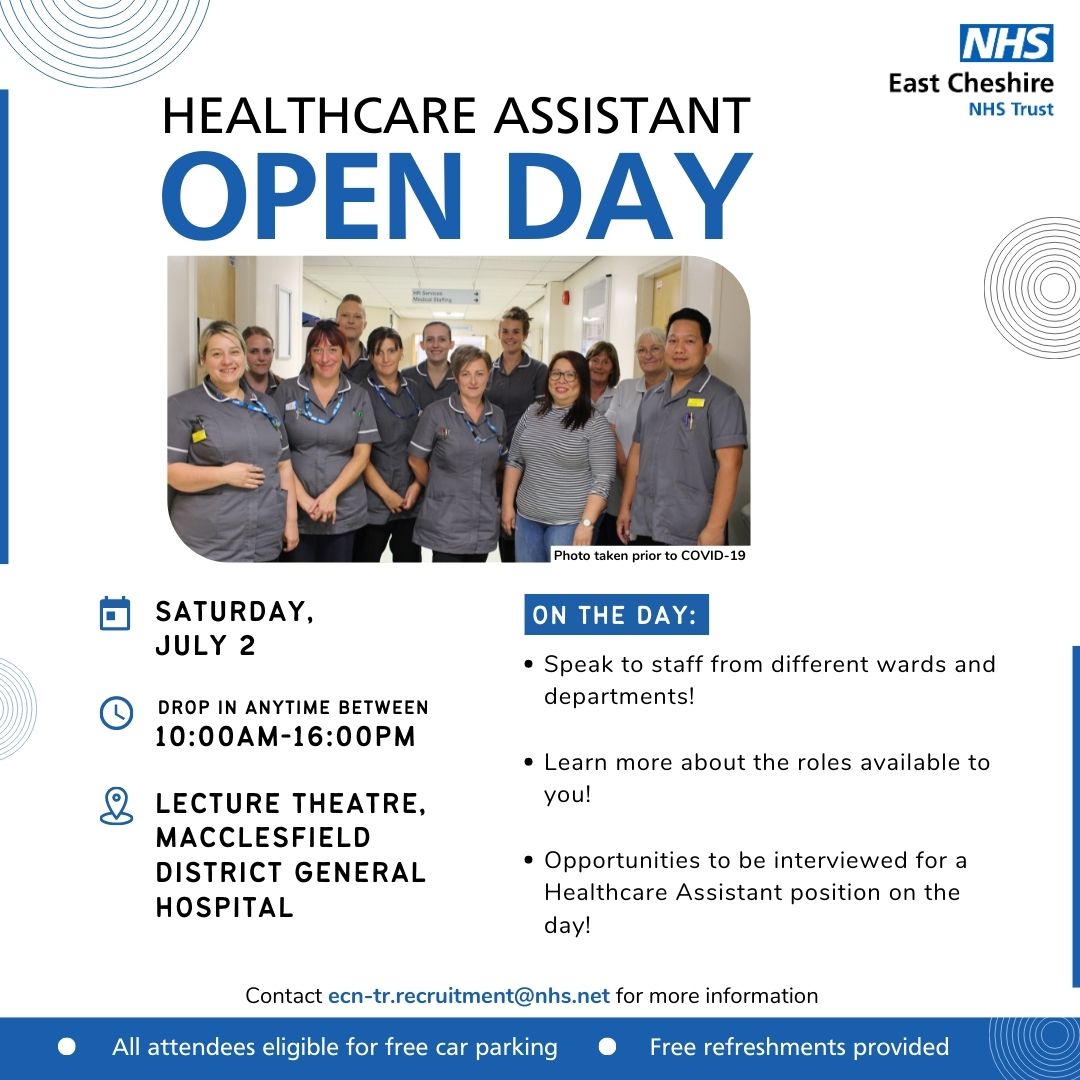 EastCheshireNHS's tweet photo. We're hosting an open day this Saturday to give you the opportunity to find out more about the role of Healthcare Assistant!

📅 Saturday 2nd July
🕙 10am - 4pm (drop in)
🏥 Macclesfield District General Hospital

Find out more or register your interest 👇