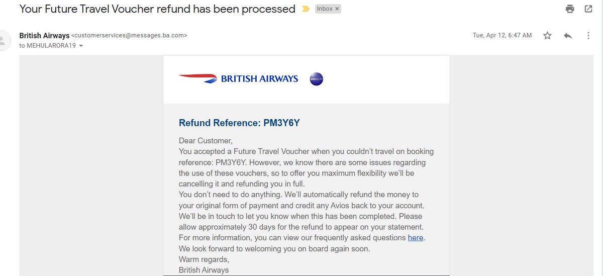 mehularora19's tweet photo. @British_Airways
This is extremely disappointing, considering I received an email from British Airways saying my return has been processed, two months ago!
I wasn't required to do anything and now I am told I am not eligible?! What kind of misleading communication is this? https://t.co/qTvtdvUBLQ