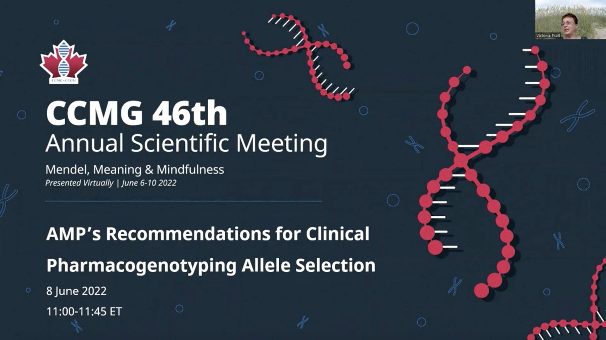 First up is Dr. Victoria Pratt, PhD, FACMG, Chair of AMP PGx Working group.  Dr. Pratt is presenting on the new recommendations for reporting pharmacogenetic variant alleles. Come learn about the “star-allele” system. #CCMG2020 #GeneticistsCCMG #AMPath #PGx