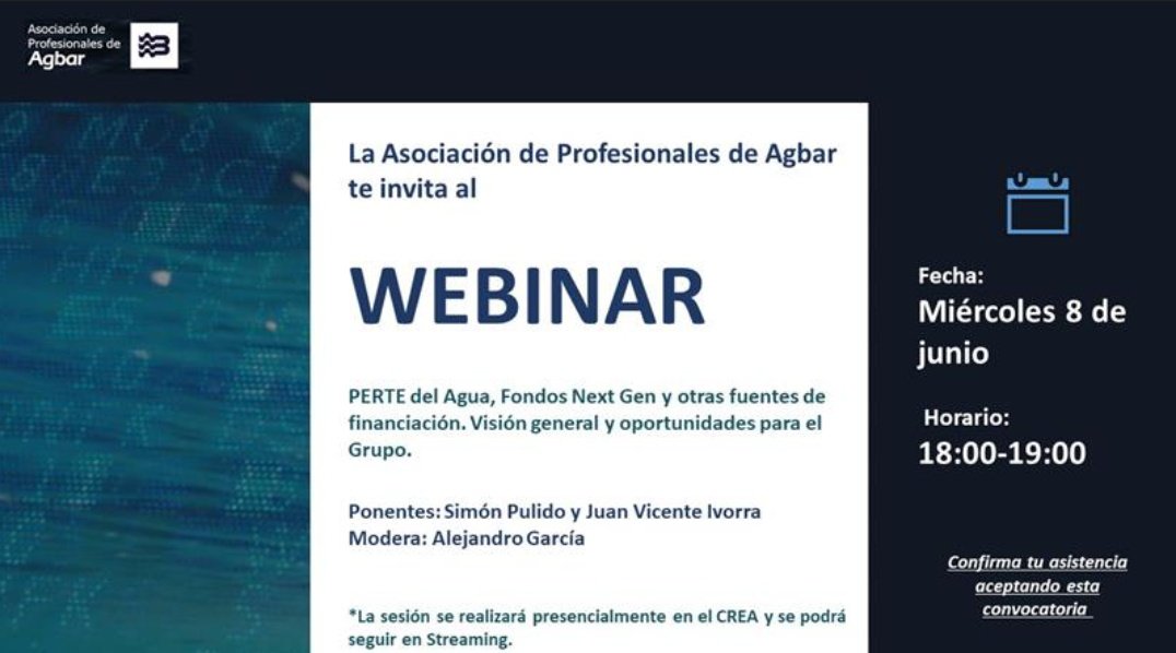 En una hora podremos disfrutar de un nuevo #webinar de la Asociación, enfocado en fondos #NextGen y PERTE de #digitalización del #agua, y esta vez con la novedad (e ilusión!) de la semipresencialidad

Agradecer la presencia 🔝 de <a href="/SimPulLeb/">Simón Pulido Leboeuf</a> y Juan Vicente Ivorra para esta ocasión