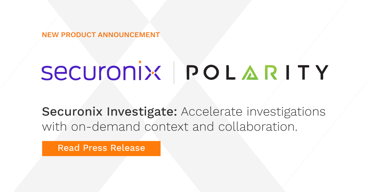 We are excited to announce our new product, Securonix Investigate, powered by Polarity. <a href="/Securonix/">Securonix</a> Next-Gen SIEM, XDR, and SOAR combined with <a href="/PolarityIO/">Polarity</a> will enable analysts to rapidly identify threats from a single unified console. #CyberSecurity sc.securonix.com/u/NzeKcb