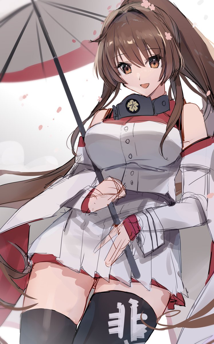 yamato (kancolle) 1girl solo brown hair long hair umbrella thighhighs ponytail  illustration images
