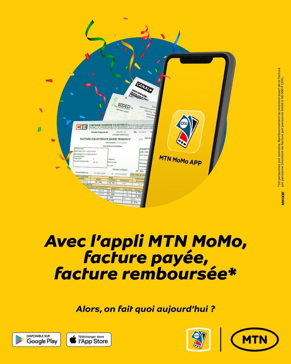 MTNCotedIvoire's tweet photo. MTN vous rembourse jusqu’à 50 000 Fcfa sur vos factures ! Comment ? 
Téléchargez l’appli MTN MoMo et payez vos factures CIE, Sodeci, Startimes, Pont HKB ou Canal+ pour en bénéficier 😎  
Alors, #OnFaitQuoiAujourdhui ? https://t.co/NTK5UPuWeX