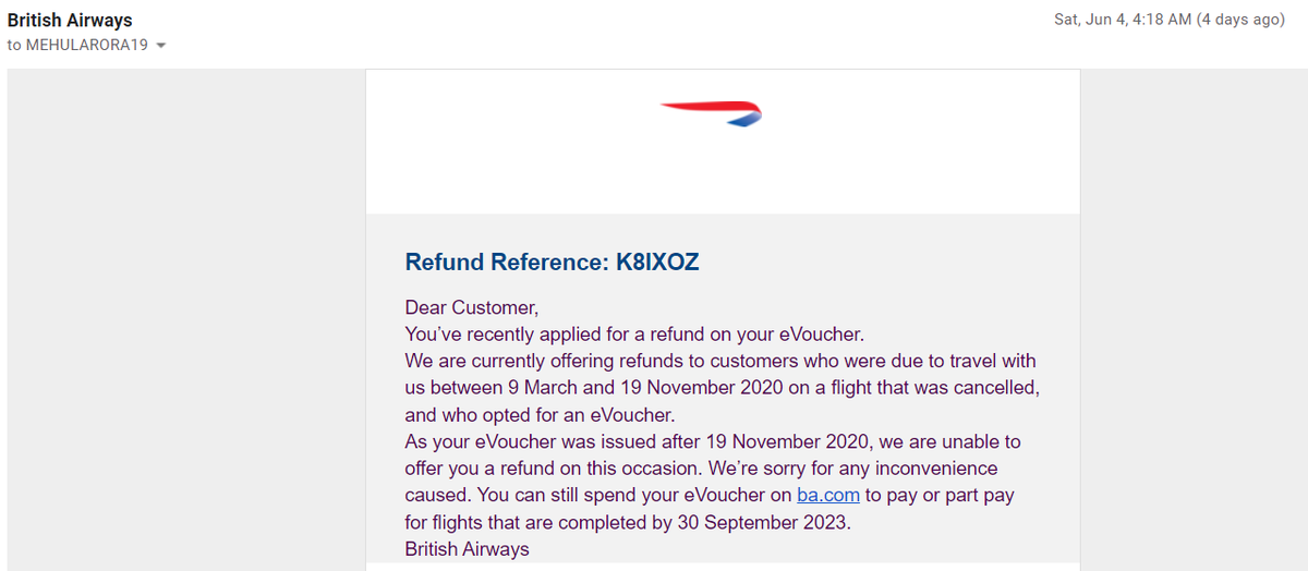 mehularora19's tweet photo. @British_Airways
This is extremely disappointing, considering I received an email from British Airways saying my return has been processed, two months ago!
I wasn't required to do anything and now I am told I am not eligible?! What kind of misleading communication is this? https://t.co/qTvtdvUBLQ