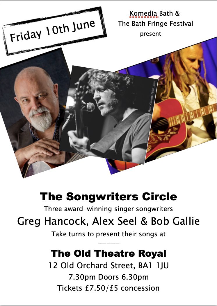alexseelmusic's tweet photo. This Friday with @KomediaBath @bathfringe @OldTheatreRoyal Iโm looking forward to playing at #songwritercircle with the excellent @GHancockmusic & @BOBGALLIE Tix in link above #singersongwriter #bathspa #bathfringe #bathfringefestival #supportlivemusic #supportlivemusicians https://t.co/1ke85Yi2ua