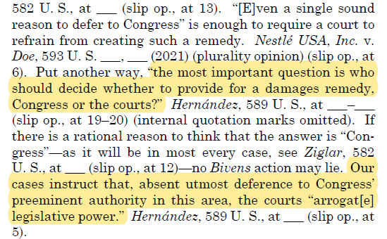 segalmr's tweet photo. The Court's rationale for gutting Bivens—deference to Congress—would be easier to accept if the Court had deferred to Congress in construing §1983, instead of, for example, adding a qualified immunity defense that appears nowhere in the statutory text. https://t.co/SONOzVSrhY
