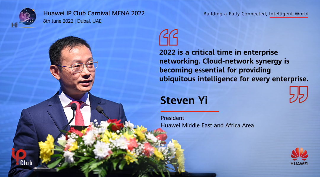Huawei_ME's tweet photo. At the #Huawei #IPClub Carnival MENA 2022, Steven Yi gave a welcome speech &amp; emphasized the importance of future data communication networks that can help enterprises best prepare for the intelligent era and inject new momentum into their digital development ambitions. #IPC2022 https://t.co/9qIw7cF4Gm